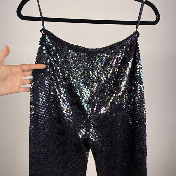 Vintage 70s Sequin Pants Black Iridescent Silk Lined High Waist Disco Glam - Picture 2 of 10